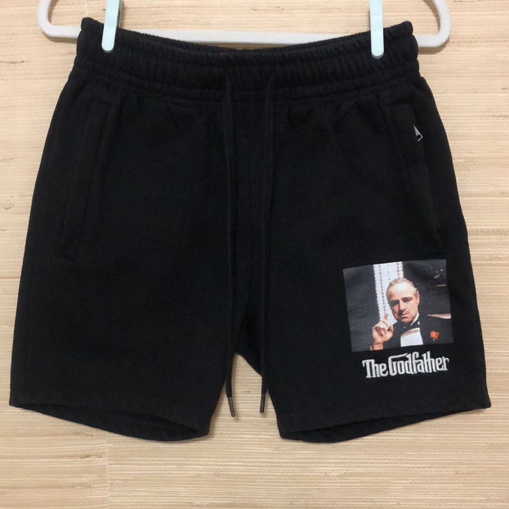 The Godfather Black Embroidered Graphic Men's Fleece- Lined Drawstring Shorts